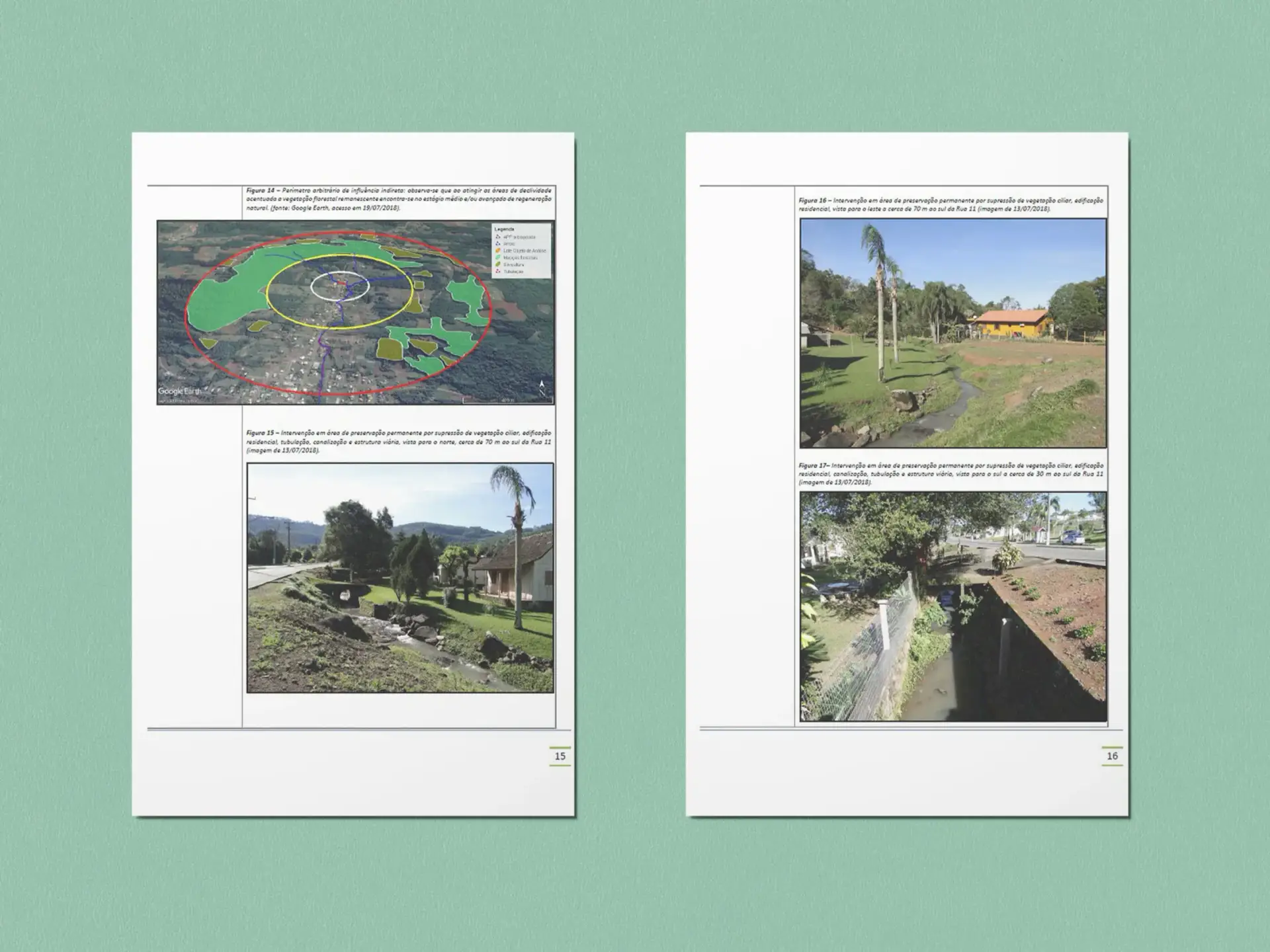 Imagem de duas páginas apresentando mapas e fotografias sobre segurança ambiental e gestão de resíduos, destacando a importância da responsabilidade ambiental em projetos de urbanização.