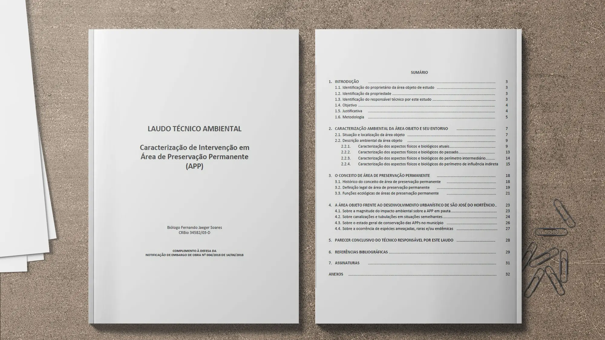Laudo Técnico Ambiental sobre a caracterização de intervenção em Área de Preservação Permanente (APP), com sumário detalhado e informações relevantes.