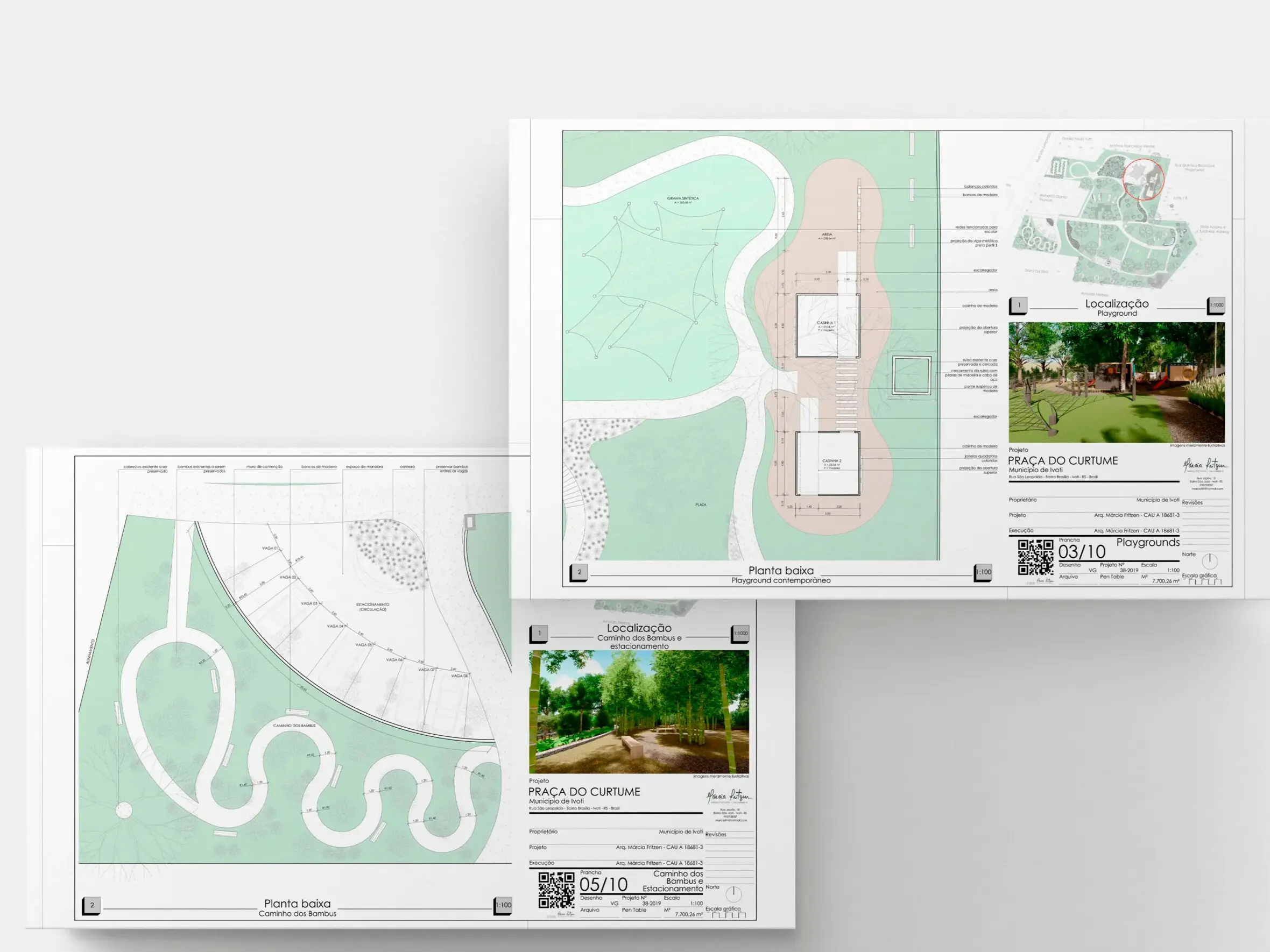 Projeto de paisagismo da Praça do Curtume, apresentando planta baixa detalhada com áreas verdes, caminhos e estruturas recreativas.